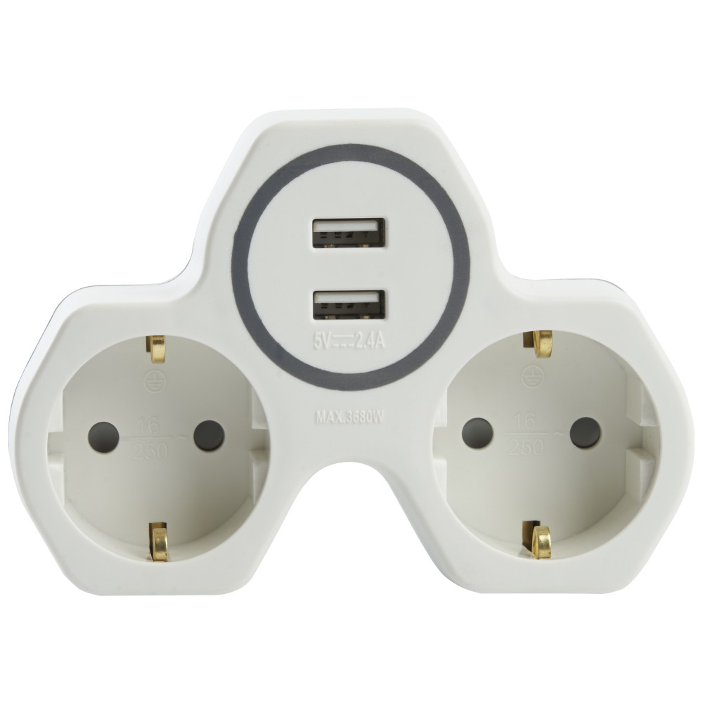 Колодки и удлинители, тройники Разветвитель сетевой 2-местный с/з STEKKER ADP16-14-20 250V 16A и 2-мя USB выходами на 24А огнеустойчивый пластик белый/серый 32872 