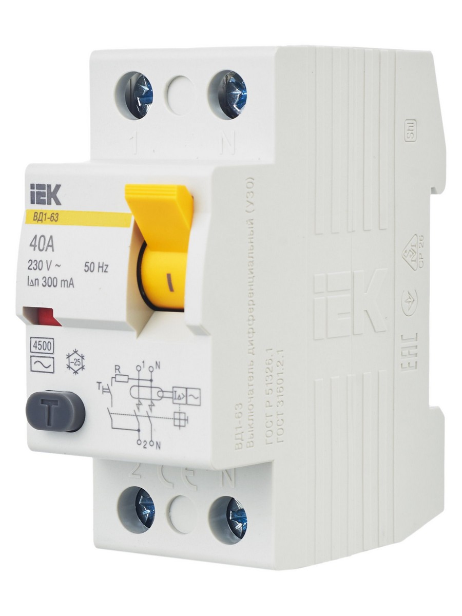 IEK Выключатель дифференциальный IEK KARAT ВД1-63 (УЗО) 2Р 40А 300мА MDV10-2-040-300 