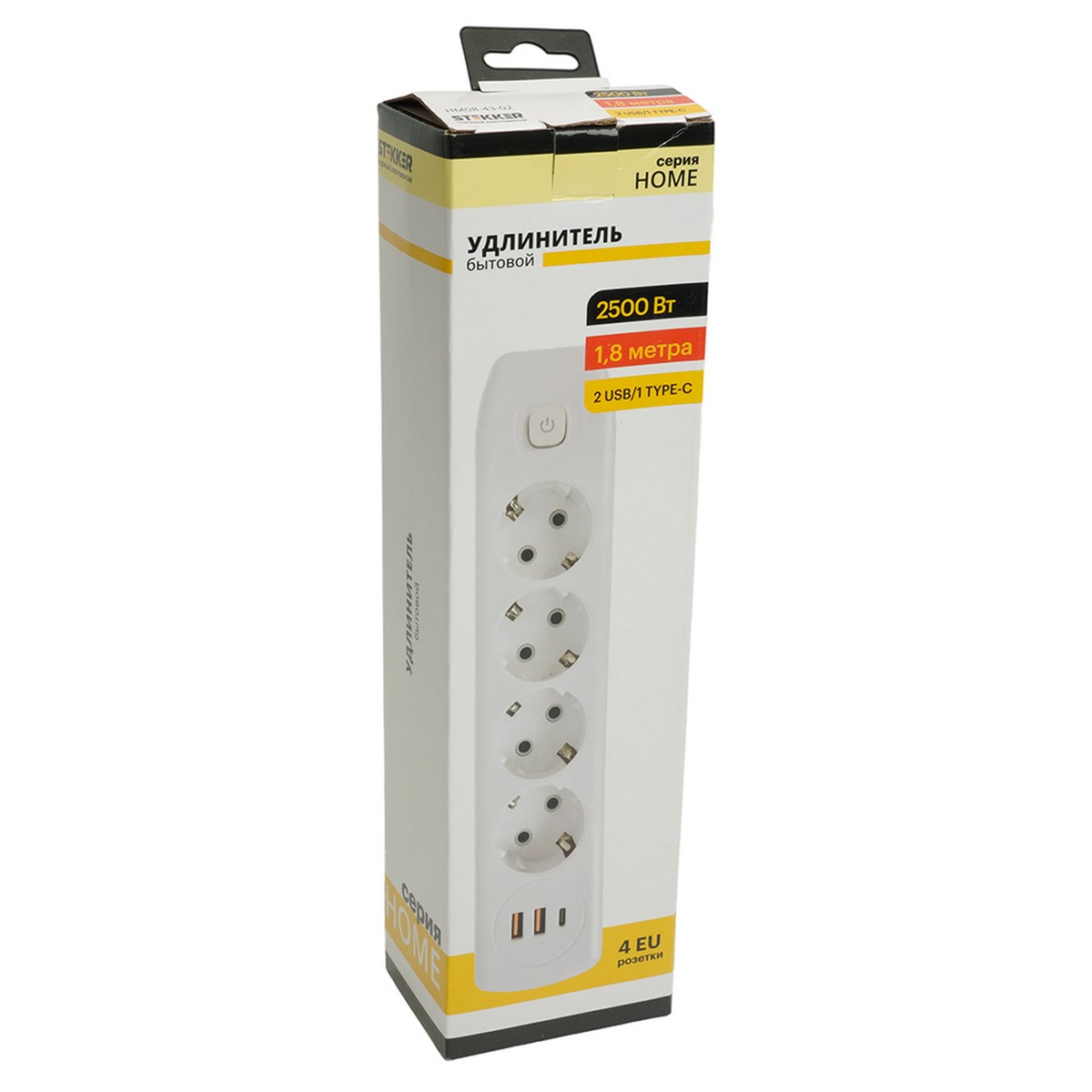 Колодки и удлинители, тройники Удлинитель STEKKER HM08-43-02 4-местный c/з 3x1 мм2 1,8 м 2USB+1Type-C 2,4А Home белый 49971 