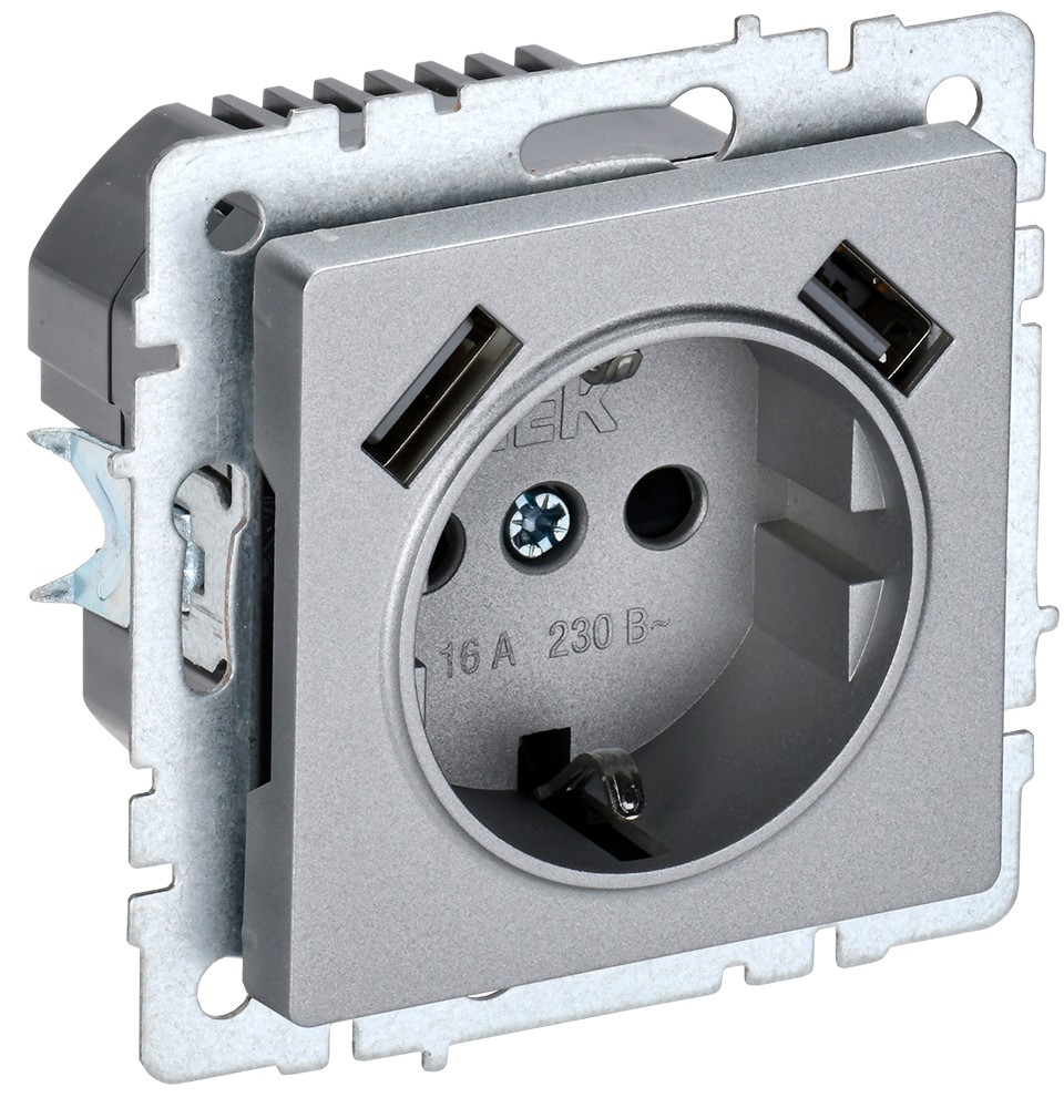 IEK Brite Алюминий Розетка IEK BRITE с с/з и шторками 16А с USB A+A 2,1А РЮш10-1-БрА алюминий BR-R14-16-U21-D21-K47