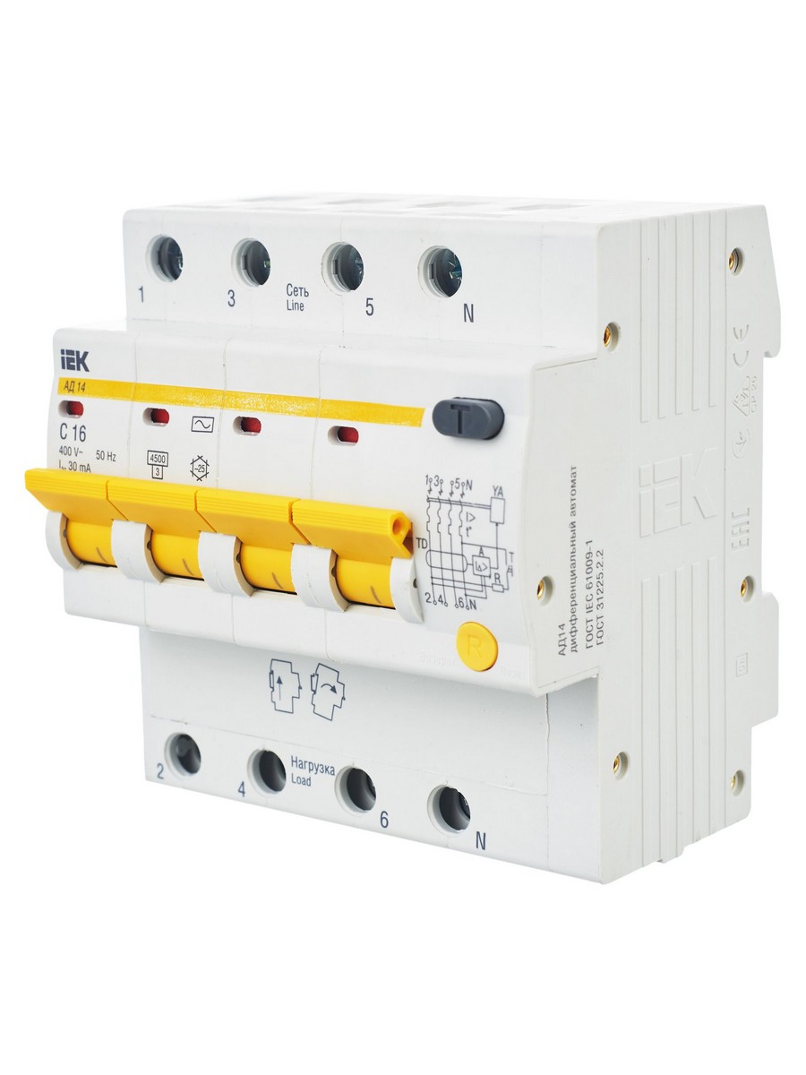 IEK Дифференциальный автоматический выключатель IEK KARAT АД14 4P 16A 30мА MAD10-4-016-C-030 