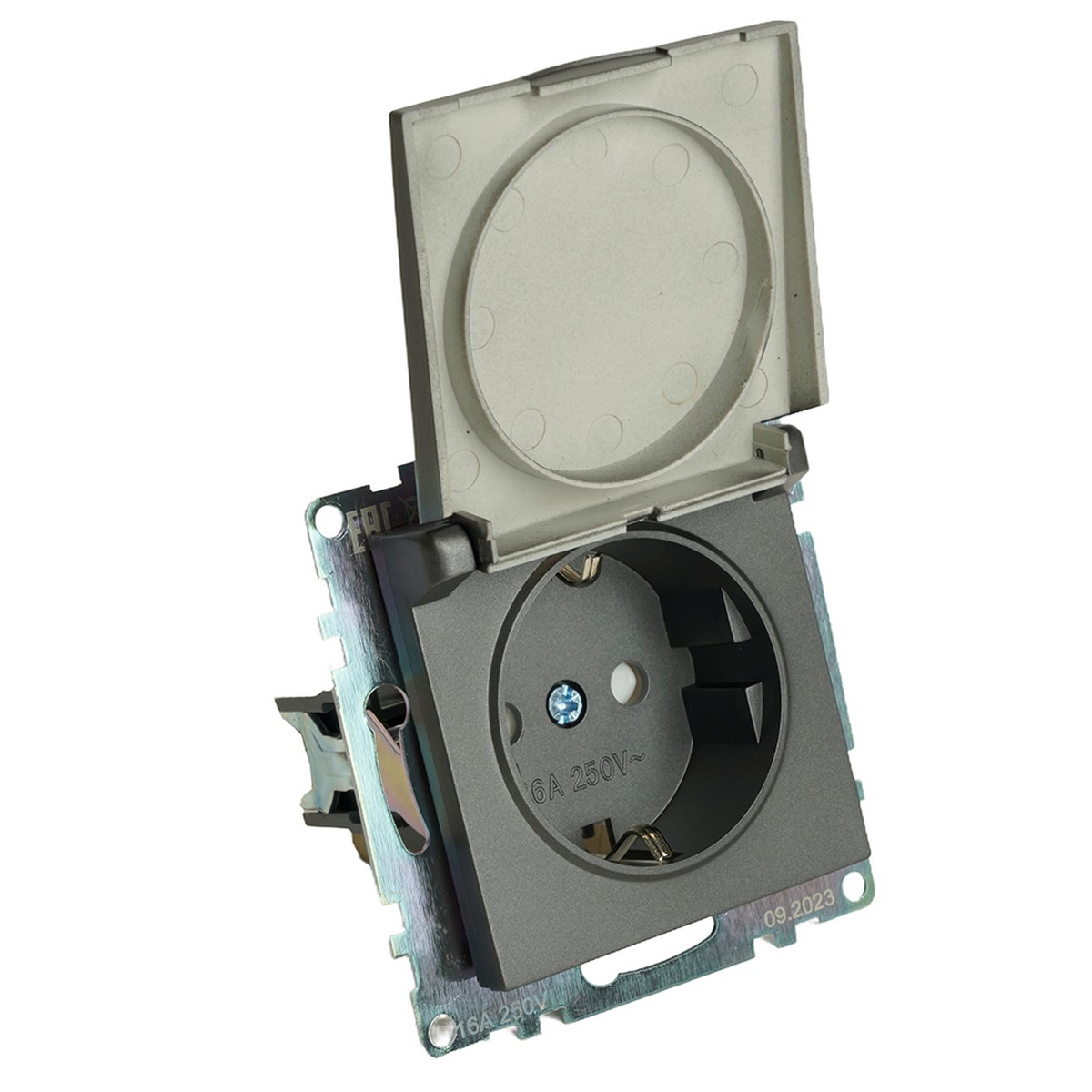 Катрин - Розетки и выключатели Stekker Розетка 1-местная с/з с крышкой STEKKER GLS16-7112-04 16А с защ. шторкой Катрин графит 49424