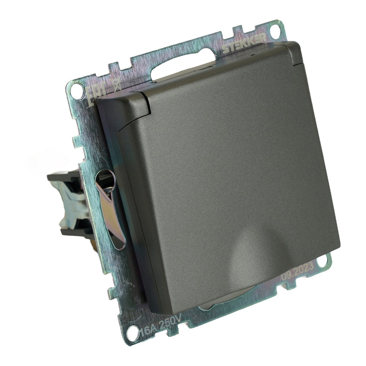 Катрин - Розетки и выключатели Stekker Розетка 1-местная с/з с крышкой STEKKER GLS16-7112-04 16А с защ. шторкой Катрин графит 49424