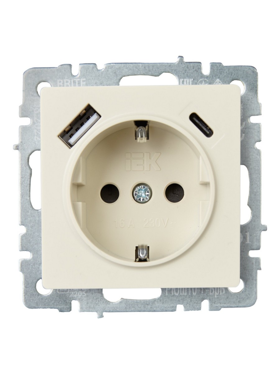 IEK Brite Бежевый Розетка IEK BRITE с с/з и шторками 16А с USB A+C 18Вт РЮш11-1-БрКр бежевый BR-R14-16-U22-018-K10