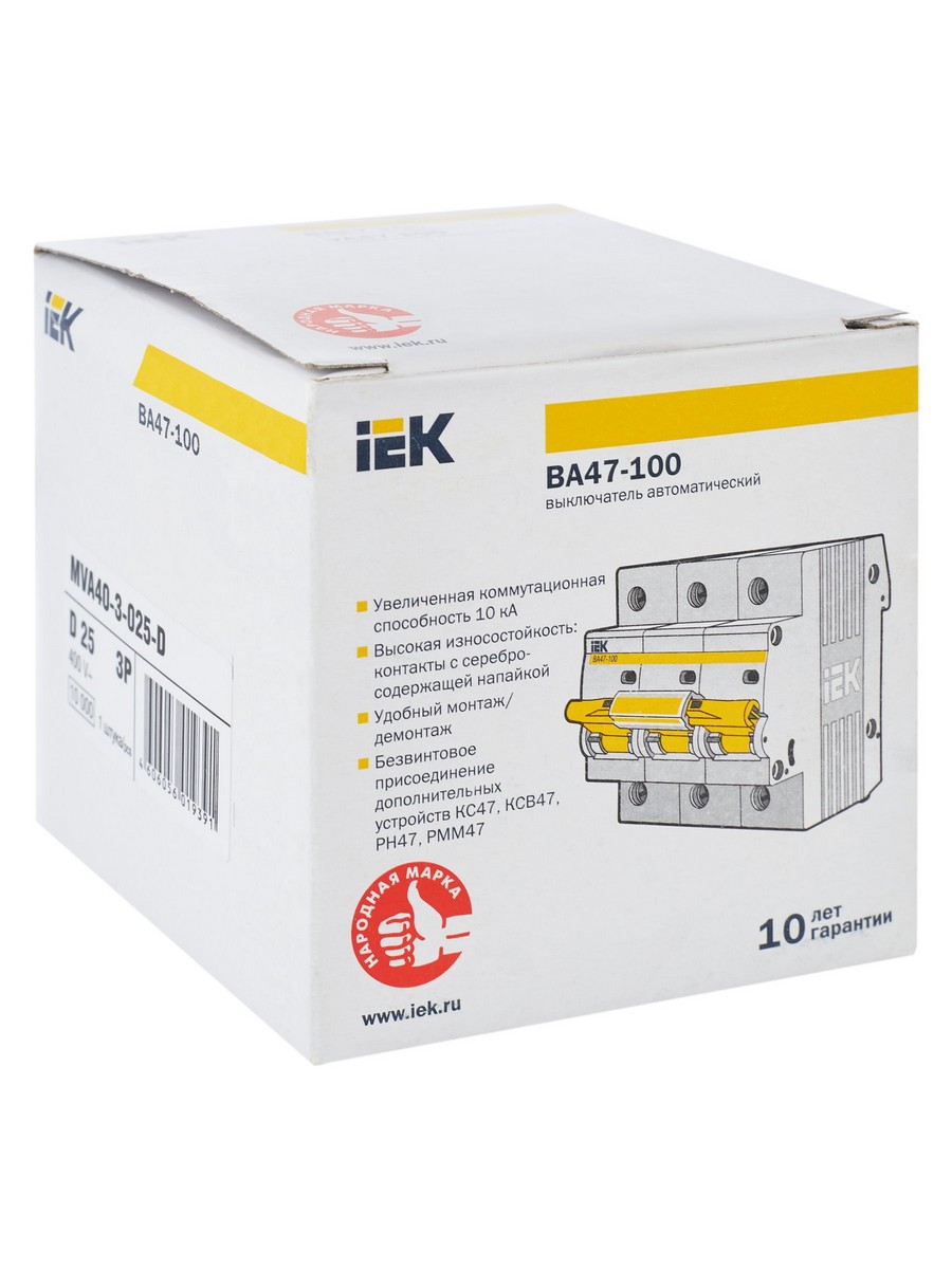 3 полюсные (трехполюсные) Автоматический выключатель IEK KARAT ВА47-100 3Р 25А 10кА х-ка D MVA40-3-025-D 