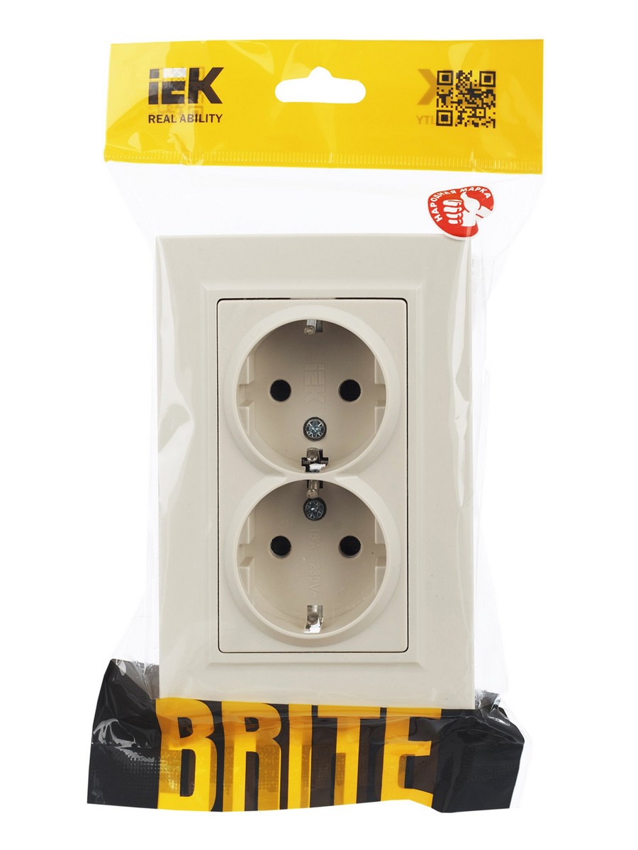 IEK Brite Бежевый Розетка IEK BRITE 2-ая с/з с шторками 16А в сборе РСш12-3-БрКр бежевый BR-R24-16-K10-F