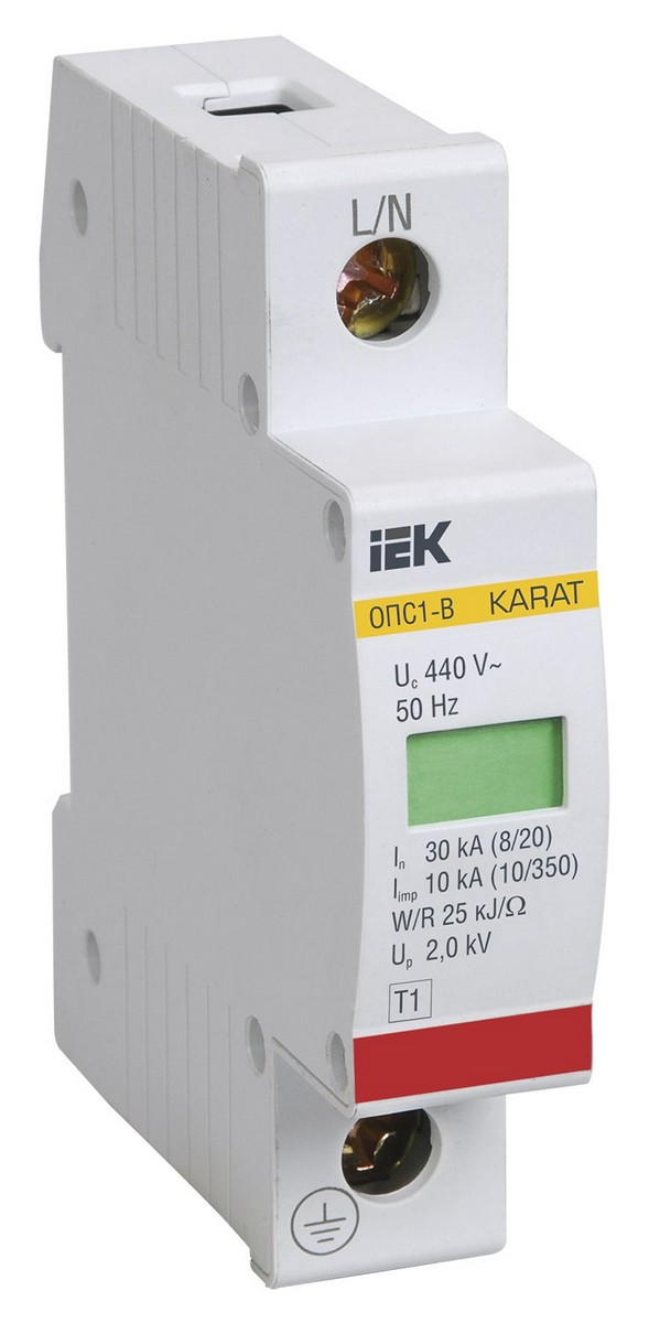 Реле напряжения и контроля фаз Ограничитель перенапряжения IEK KARAT (УЗИП) ОПС1-B 1Р In=30kA Un=400B Im=60kA MOP20-1-B 