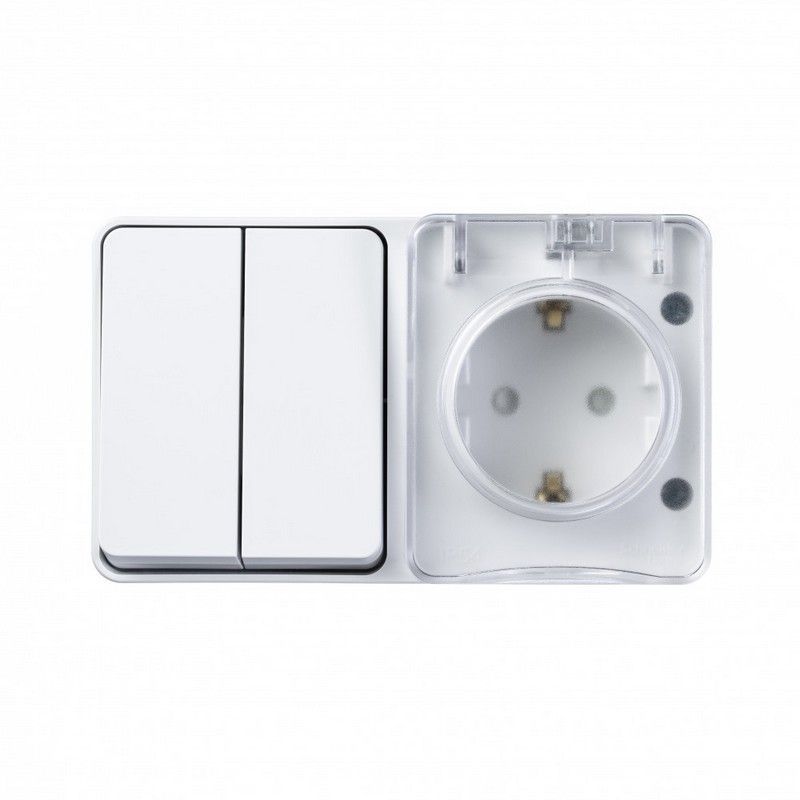 AtlasDesign Белый Блок розетка и выключатель Systeme Electric AtlasDesign Profi54 наружный Белый с/з со шт + 2-кл ATN5