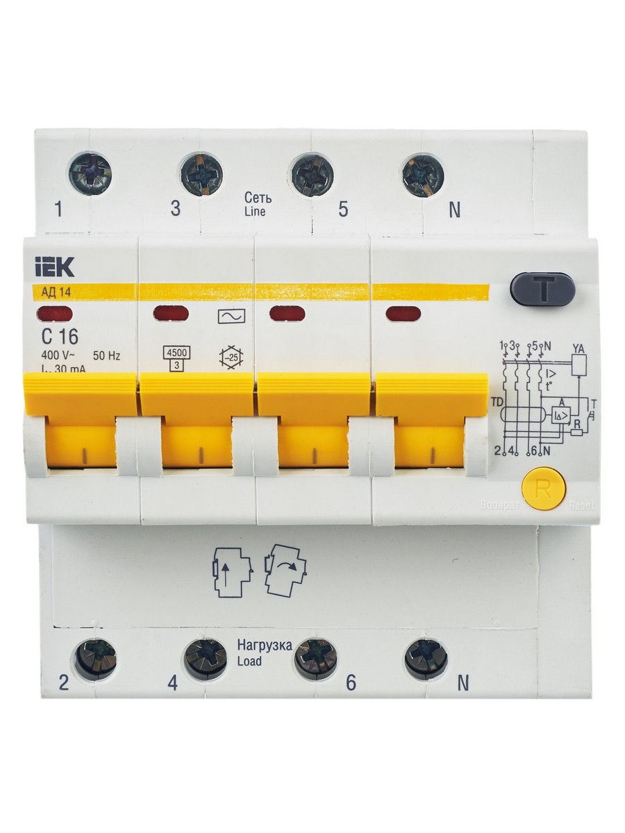 IEK Дифференциальный автоматический выключатель IEK KARAT АД14 4P 16A 30мА MAD10-4-016-C-030 