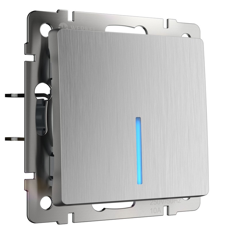 Werkel Серебряный рифленный механизмы Выключатель Werkel одноклавишный  проходной с подсветкой (cеребряный рифленый) W1112109