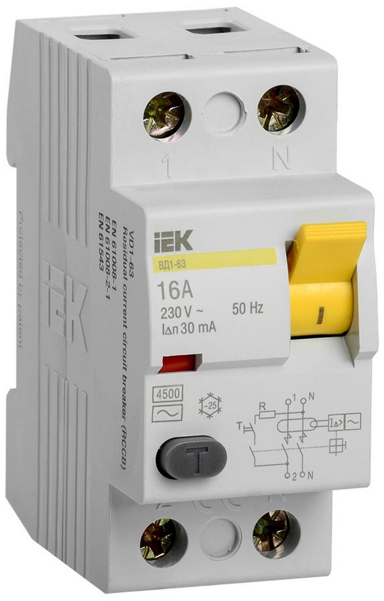 IEK Выключатель дифференциальный IEK KARAT ВД1-63 (УЗО) 2Р 16А 30мА MDV10-2-016-030 