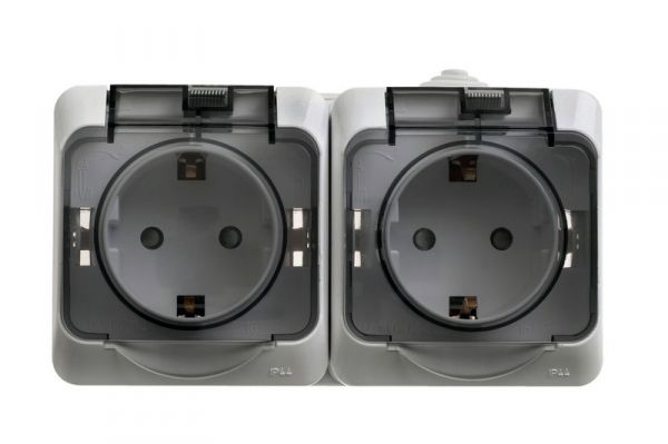 Этюд Серый Розетка 2-я Systeme Electric Этюд наружный Серая с/з со шторками c крышкой IP44 PA16-244C