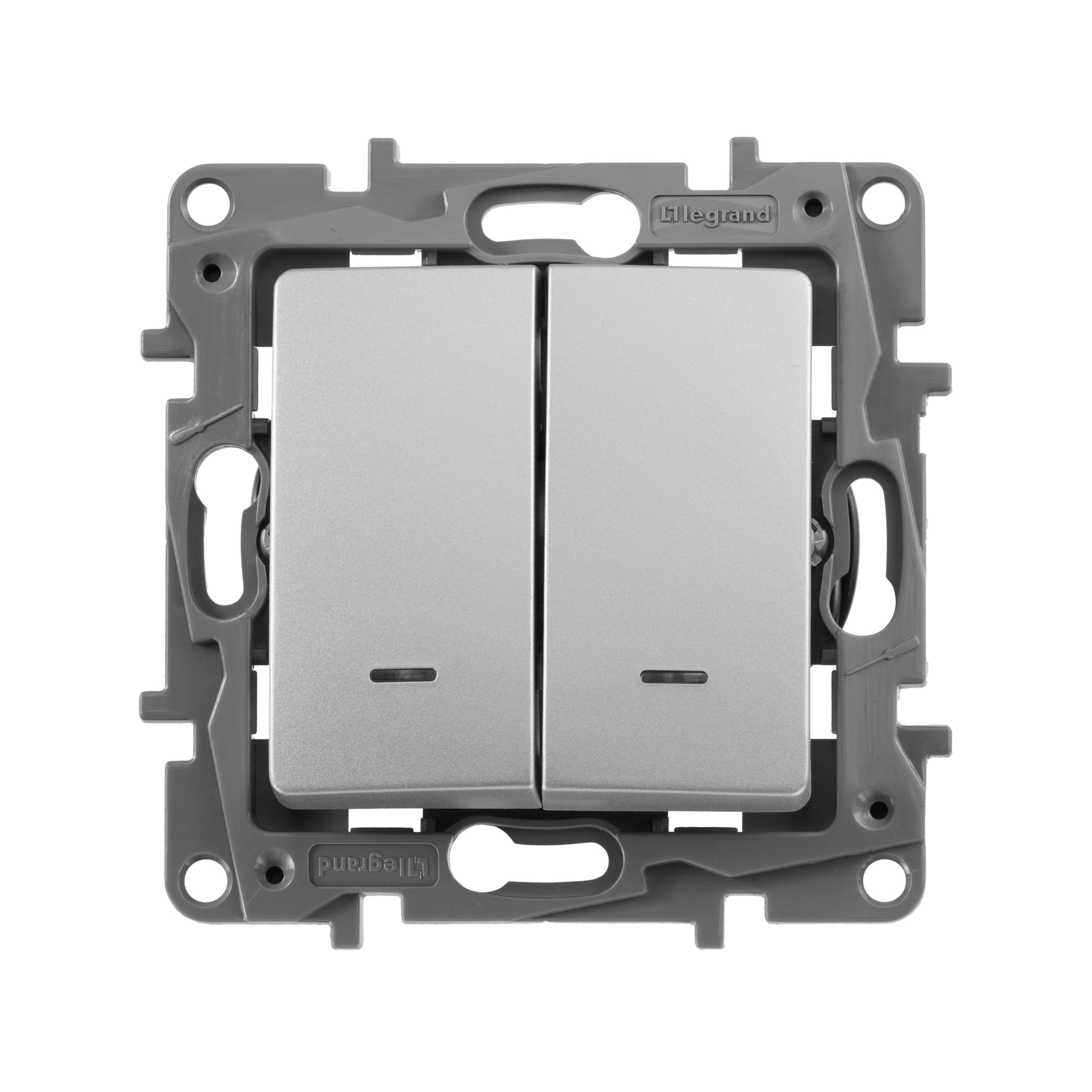 Legrand Etika Алюминий Переключатель Legrand Etika алюминий 2-клавишный с подсветкой, 10А, авт. клем 672416