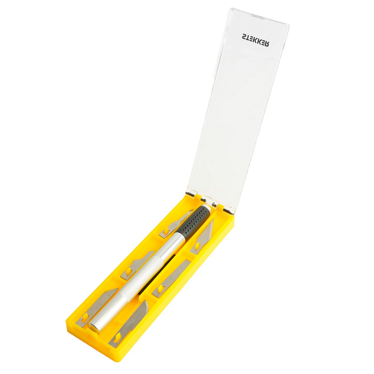 Нож макетный с алюминиевой рукояткой, 0,5 мм, кейс, 6 лезвий в комплекте, STEKKER KMU-41-S 50197 фото