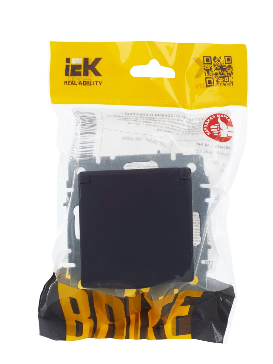 IEK Brite Графит Розетка IEK BRITE с/з с шторками и крышкой 16А IP44 РСбш10-3-44-БрГ графит BR-R16-16-44-K53