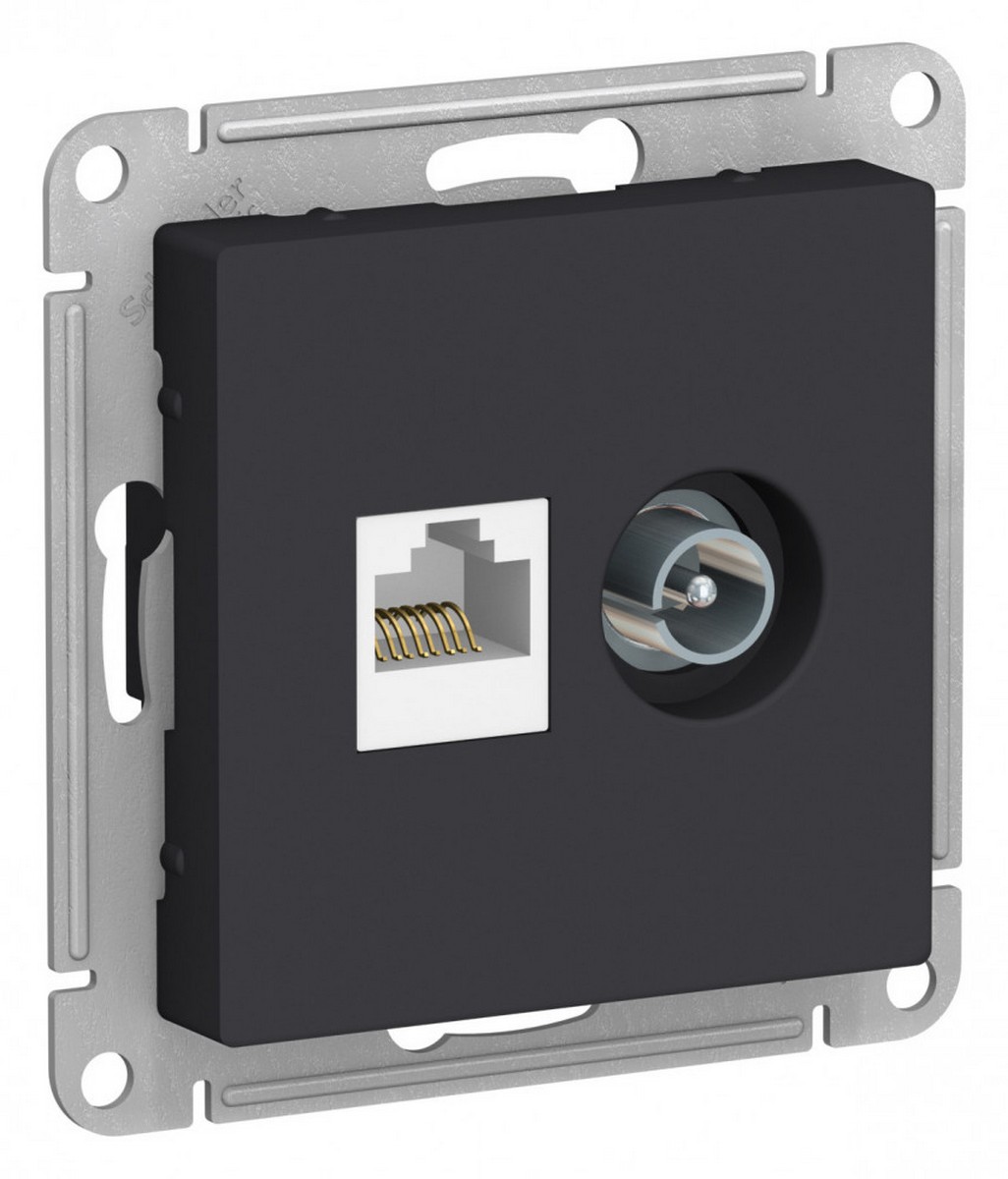 AtlasDesign Карбон Розетка комп+ТВ, Systeme Electric AtlasDesign Карбон двойная RJ45+TV, кат.5E, ATN001089