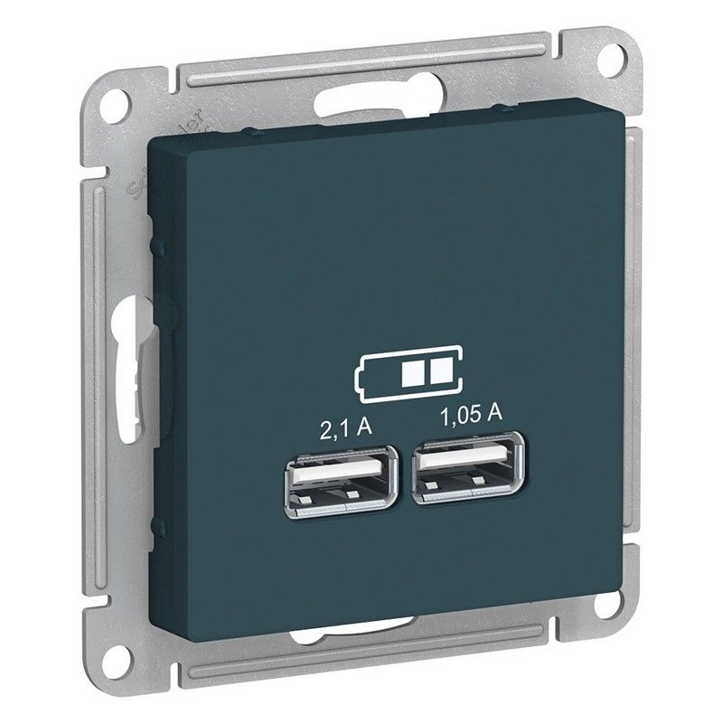 AtlasDesign Изумруд Розетка USB, Systeme Electric AtlasDesign Изумруд 5В, 1 порт x 2,1 А, 2 порта х 1,05 А, ATN000833
