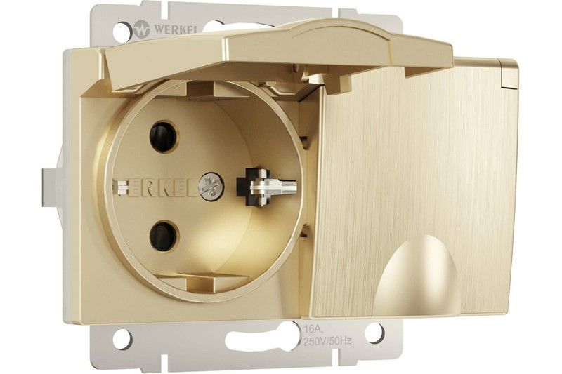 Werkel Шампань рифленный механизмы Розетка Werkel двойная влагозащ. с зазем. с защит. крышками и шторками (шампань рифленый) W1172210