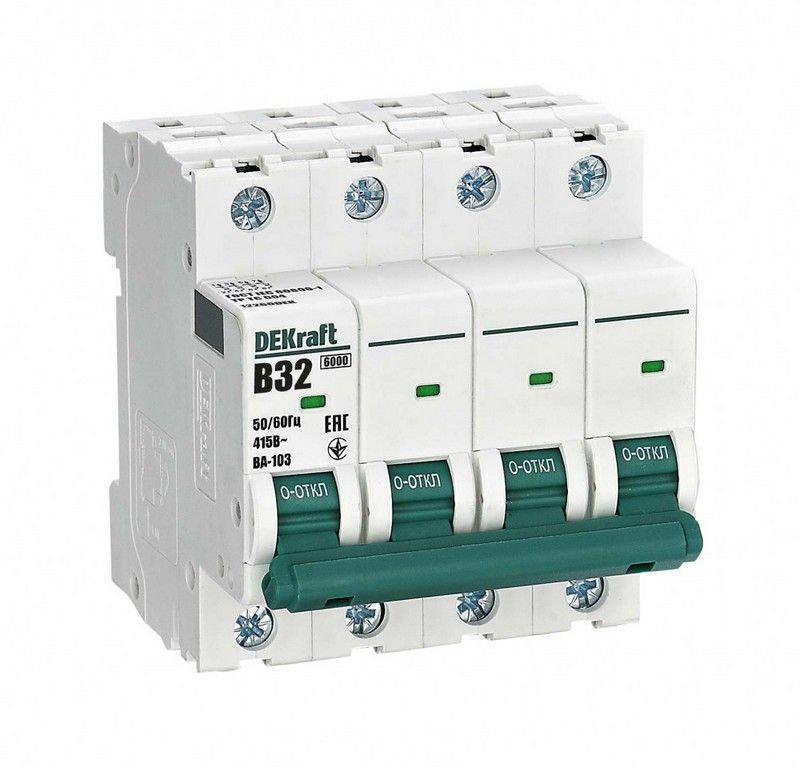 4 полюсные (четырехполюсные) Автоматический выключатель DEKraft 4Р 32А B ВА-103 6кА 12260DEK 