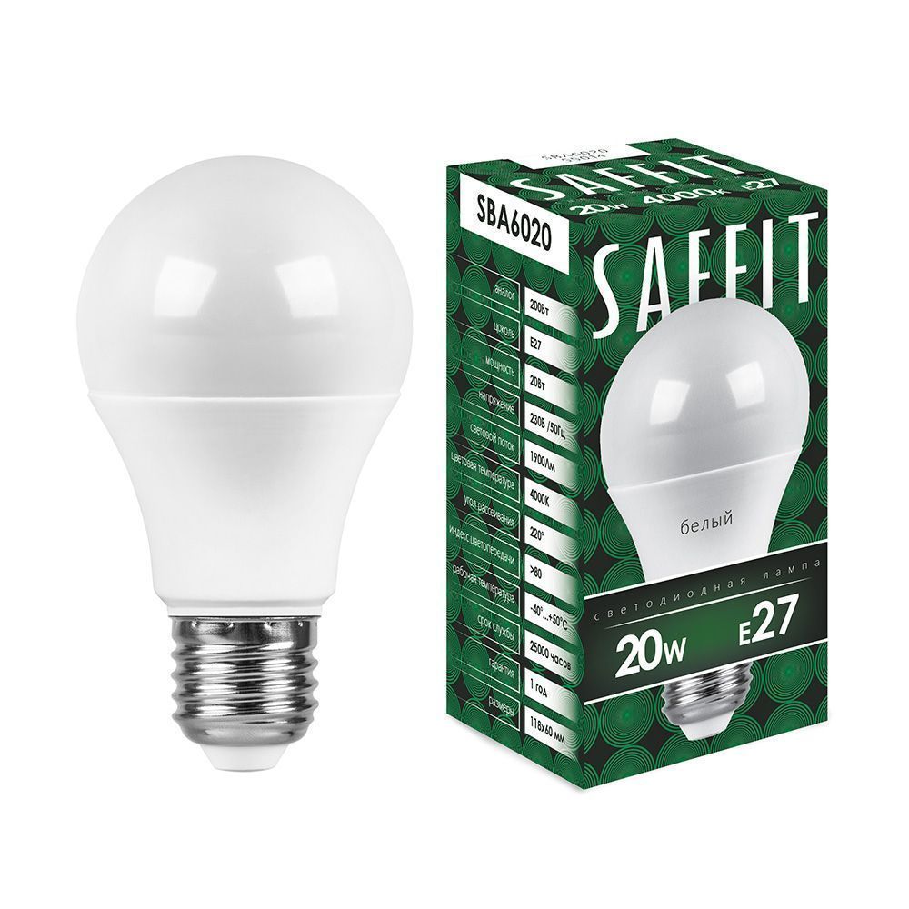 E27 Лампа светодиодная SAFFIT SBA6020 Шар E27 20W 4000K 55014 
