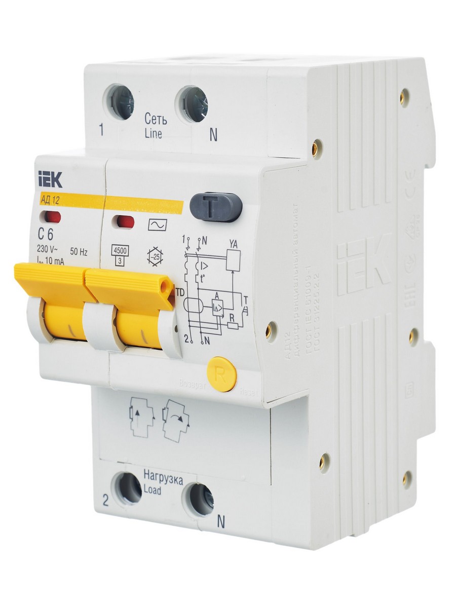 IEK Дифференциальный автоматический выключатель IEK KARAT АД12 2Р 6A 10мА MAD10-2-006-C-010 
