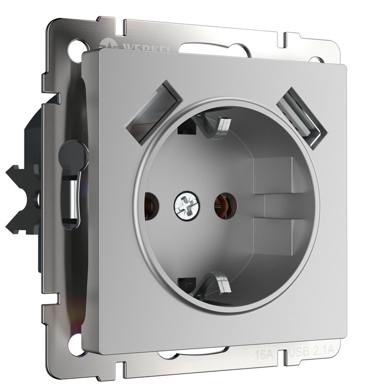 Werkel Серебряный механизмы Розетка с заземлением Werkel cо шторками и USBх2 серебряная W1171506