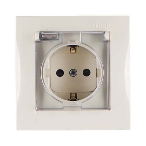Розетки и выключатели Simon 15 Бежевый Розетка с/з Simon 15 Бежевая с крышкой с защитными шторками IP44 (в сборе с рамкой) 1590450-031