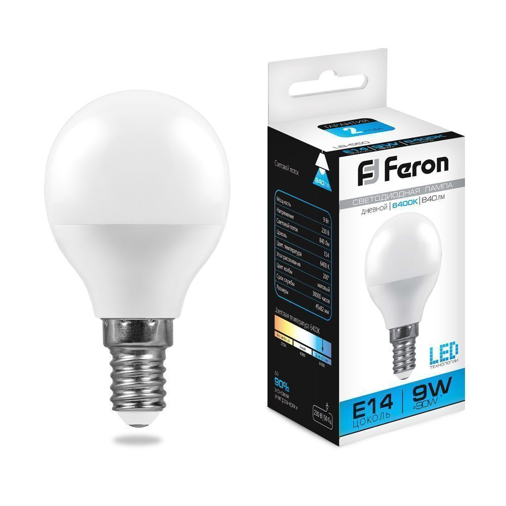 E14 Лампа светодиодная Feron LB-550 Шарик E14 9W 6400K 230V 25803 