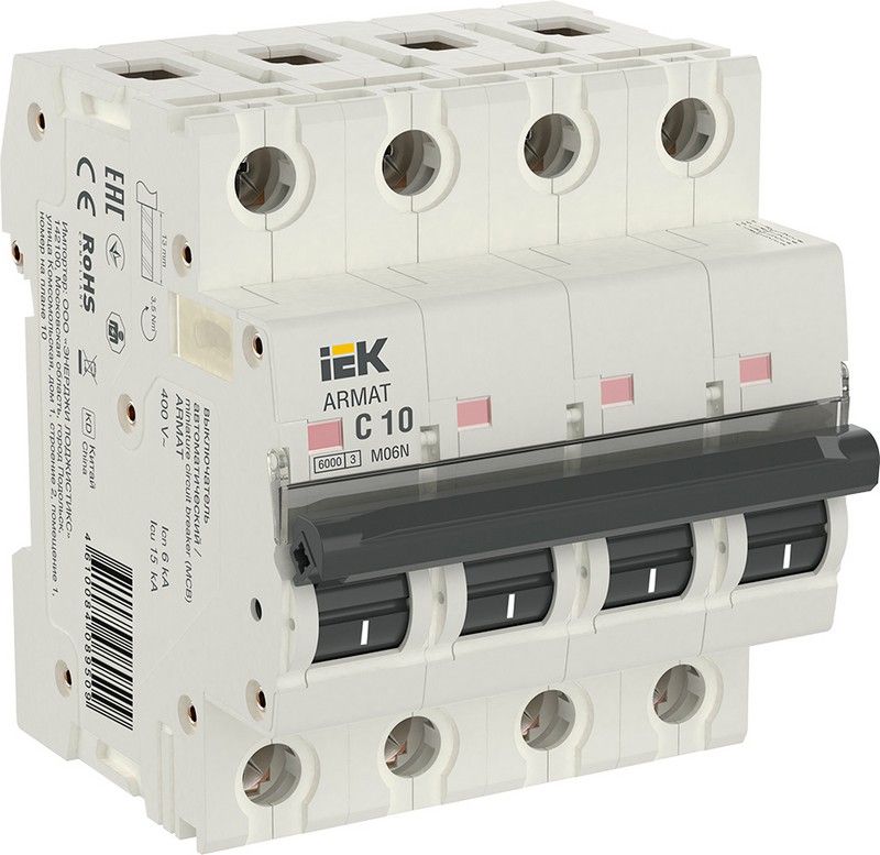 4 полюсные (четырехполюсные) Автоматический выключатель IEK ARMAT M06N 4P C 10А AR-M06N-4-C010