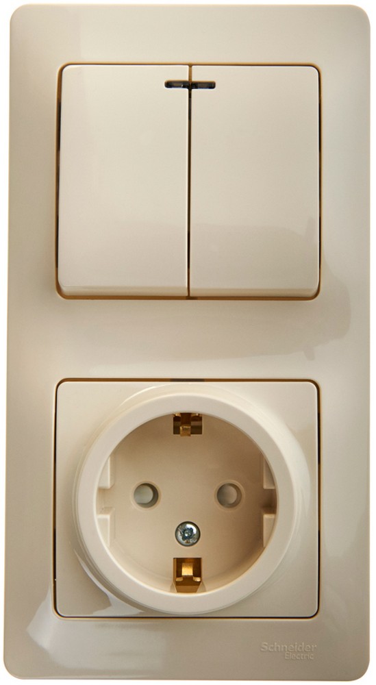 Glossa Бежевый Блок:Glossa Бежевый розетка с заземлением со шторками и 2-кл. выключатель с подс GSL000275