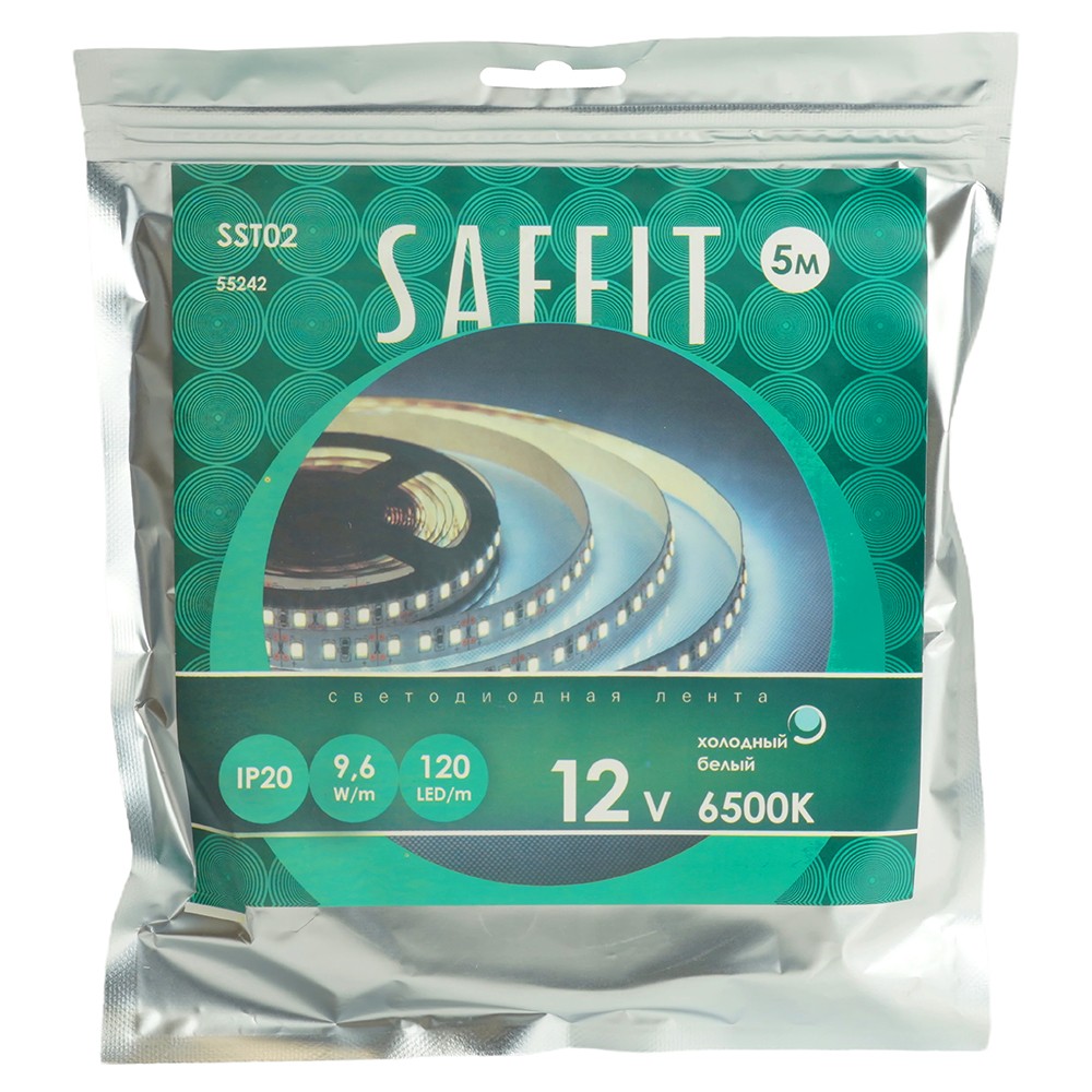 Светодиодная лента белая холодная Лента светодиодная SAFFIT SST02 120SMD(2835)/м 9.6Вт/м 12V 6500К IP20 5 метров 55242 