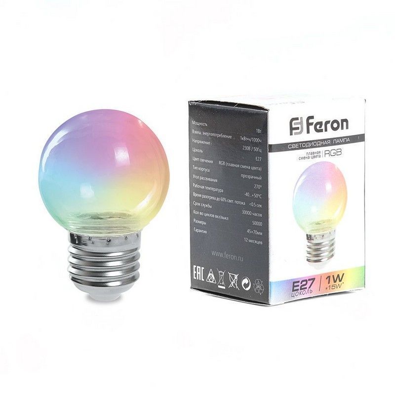 E27 Лампа светодиодная Feron LB-37 Шарик прозрачный E27 1W RGB плавная смена цвета 38132 
