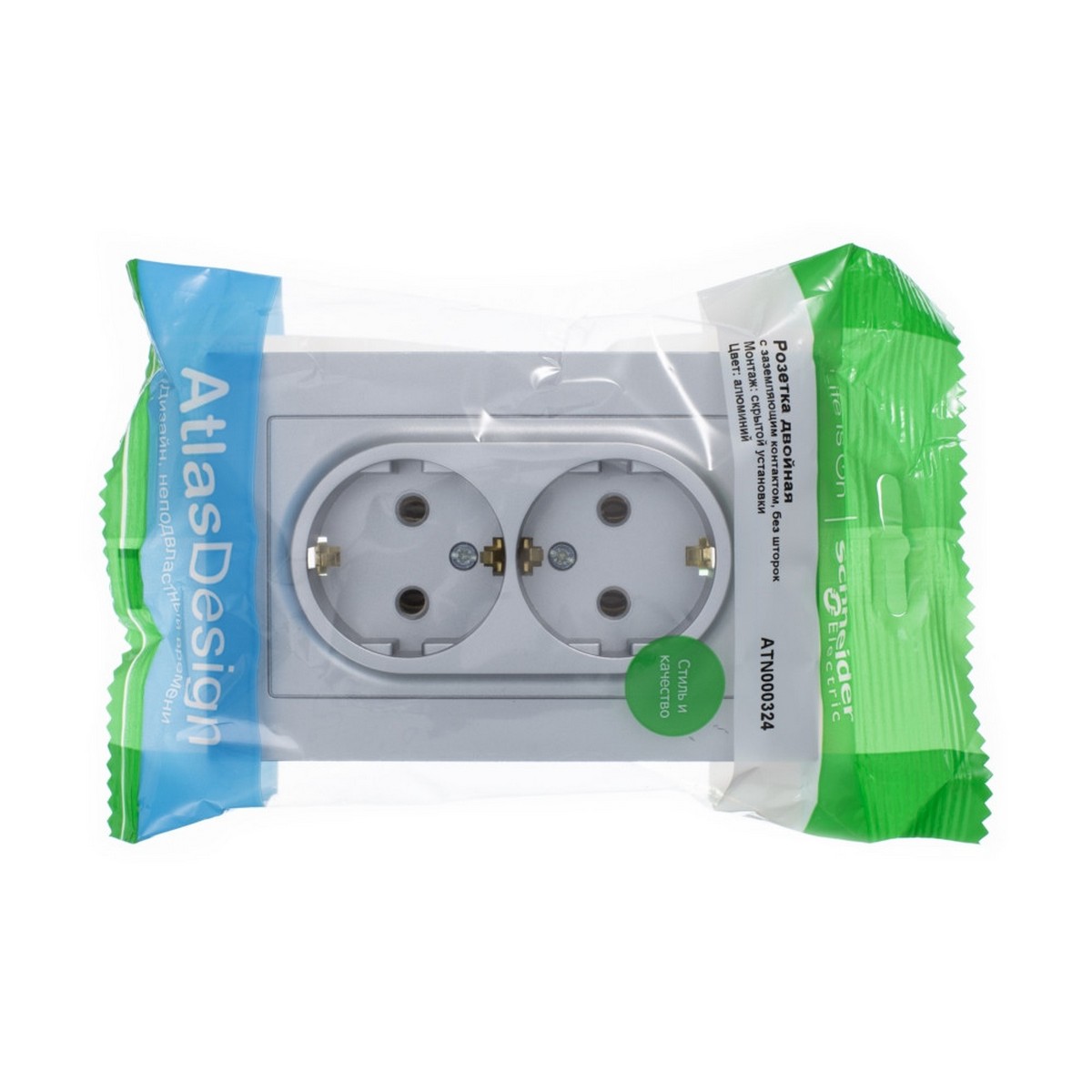 AtlasDesign Алюминий Розетка Systeme Electric AtlasDesign Алюминий с/з двойная, 16А, в сборе ATN000324