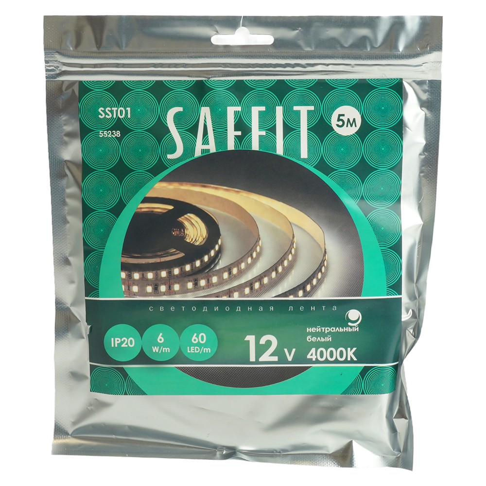 Светодиодная лента белая нейтральная Лента светодиодная SAFFIT SST01 60SMD(2835)/м 6Вт/м 12V 4000K IP20 5 метров 55238 