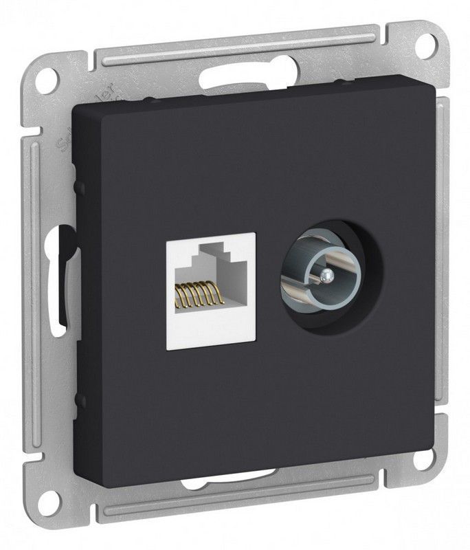 AtlasDesign Карбон Розетка комп+ТВ, Systeme Electric AtlasDesign Карбон двойная RJ45+TV, кат.5E, ATN001089