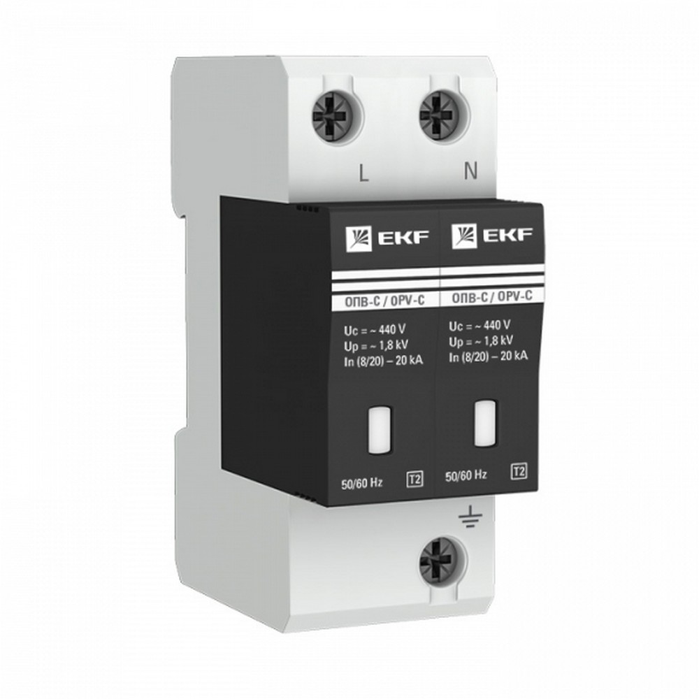 Реле напряжения и контроля фаз Ограничитель импульсных напряжений EKF PROxima ОПВ-C/2P In 20кА 400В с сигн. opv-c2 