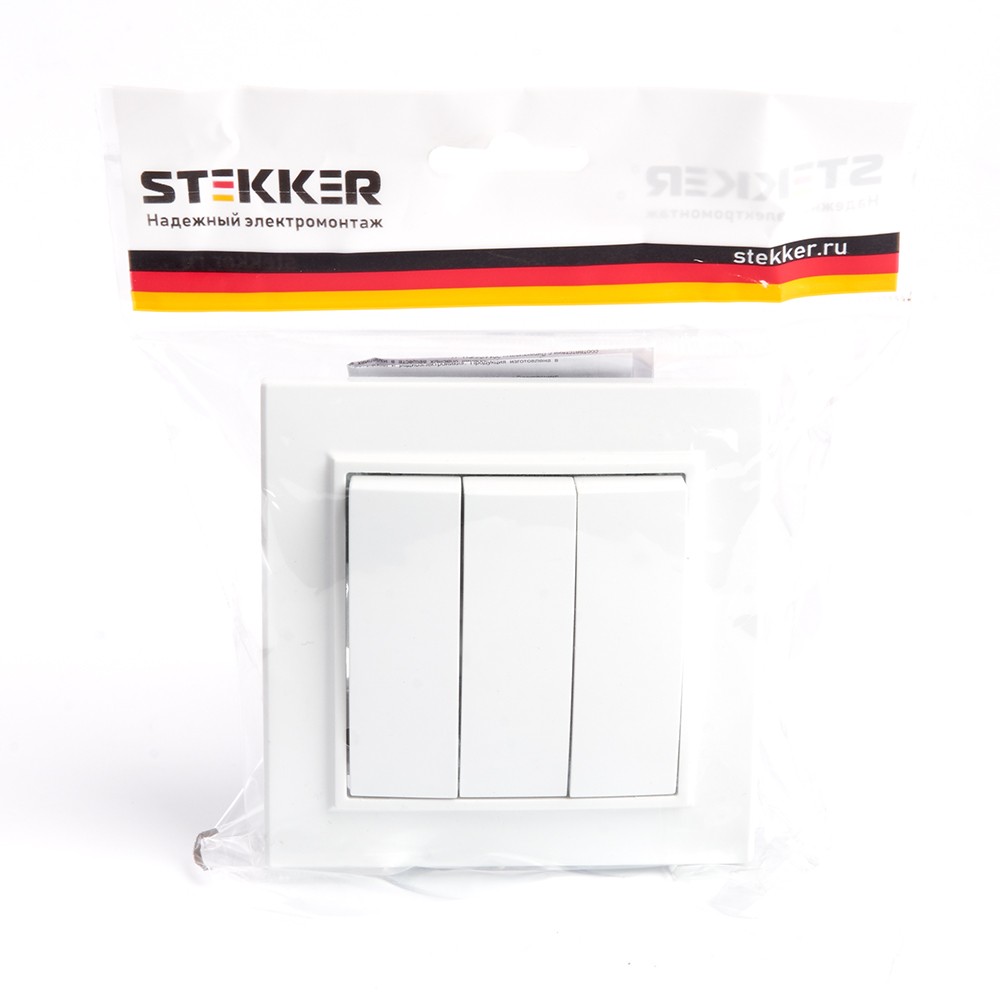 Эрна - Розетки и выключатели Stekker Выключатель 3-клавишный STEKKER PSW10-9007-01 10А Эрна белый с рамкой 39922