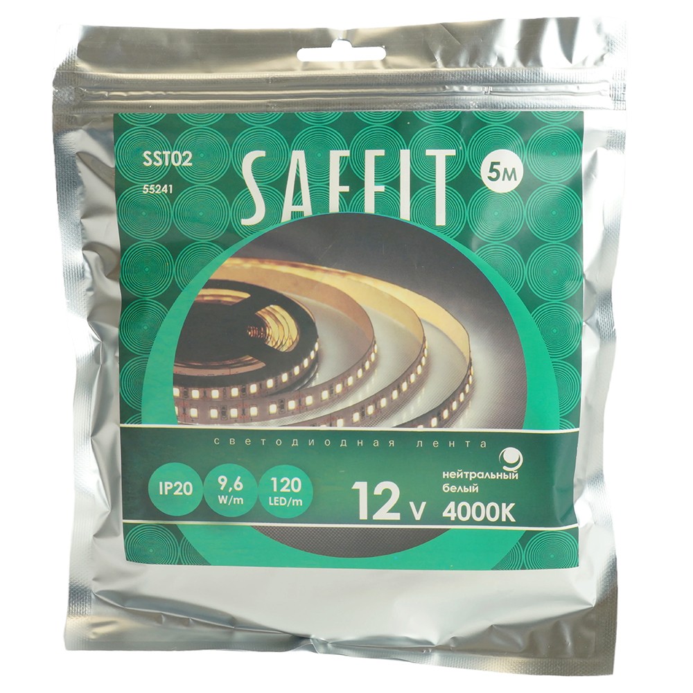 Светодиодная лента белая нейтральная Лента светодиодная SAFFIT SST02 120SMD(2835)/м 9.6Вт/м 12V 4000К IP20 5 метров 55241 