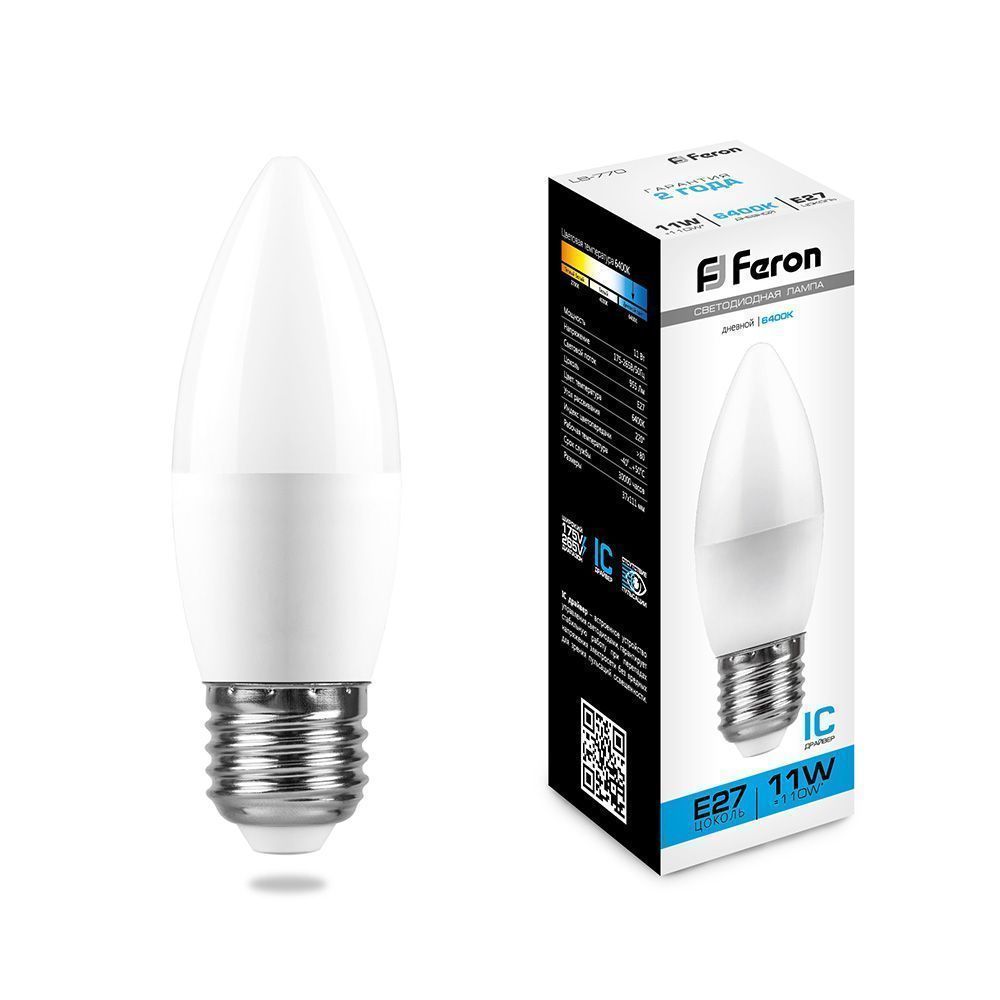 E27 Лампа светодиодная Feron LB-770 Свеча E27 11W 6400K 25945 