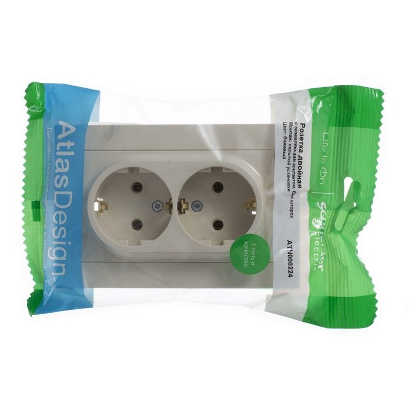 AtlasDesign Бежевый Розетка Systeme Electric AtlasDesign бежевый с/з двойная, 16А, в сборе ATN000224