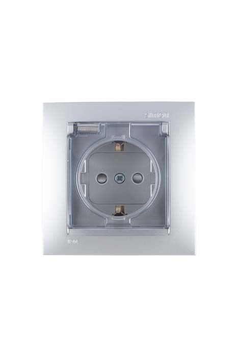 Розетки и выключатели Simon 15 Алюминий Розетка с/з Simon 15 Алюминий со шторками с крышкой IP44 16А 1590450-033