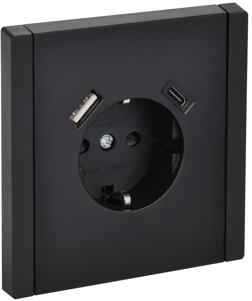 IEK FORTE&PIANO Черный Розетка IEK FORTE&PIANO Черный с/з со шт винтовое крепление 16А USB A+C 18Вт FP147