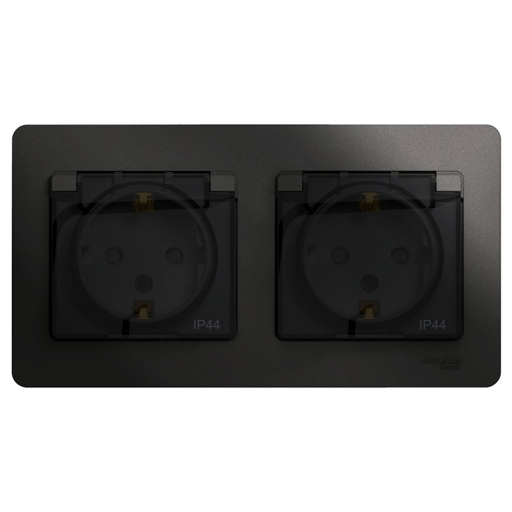 Glossa Антрацит Розетка 2-ая Systeme Electric Glossa Антрацит с/з, со шторками, в сборе, IP44 GSL000747