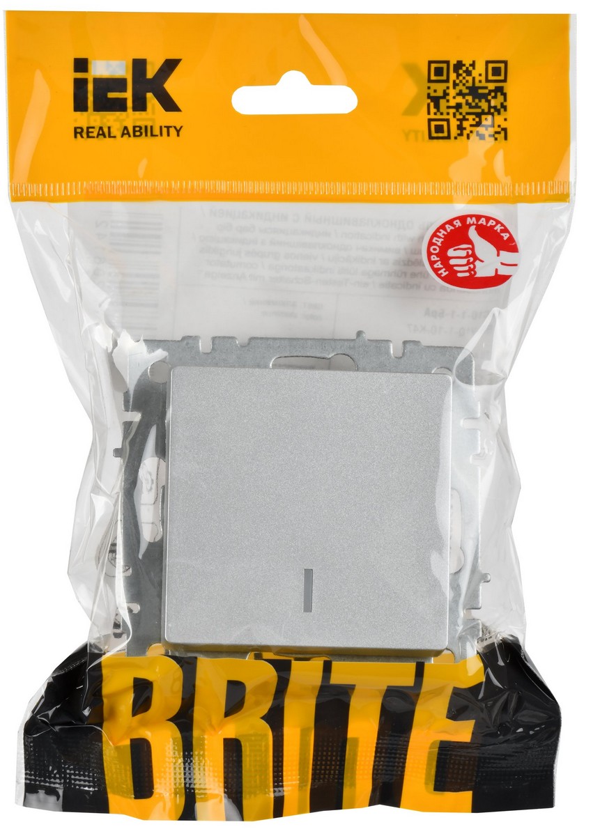 IEK Brite Алюминий Выключатель IEK BRITE 1-клавишный с индикацией 10А ВС10-1-1-БрА алюминий BR-V10-1-10-K47