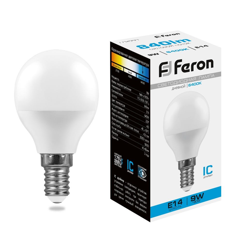 E14 Лампа светодиодная Feron LB-550 Шарик E14 9W 6400K 230V 25803 