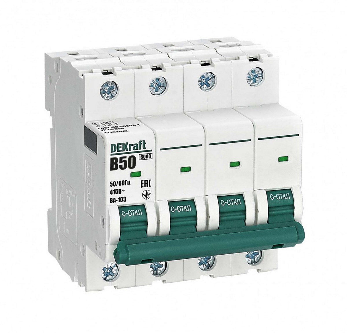 4 полюсные (четырехполюсные) Автоматический выключатель Dekraft 4Р 50А х-ка B ВА-103 6кА 12262DEK