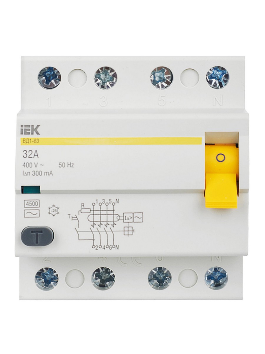 IEK Выключатель дифференциальный IEK KARAT ВД1-63 (УЗО) 4Р 32А 300мА MDV10-4-032-300 