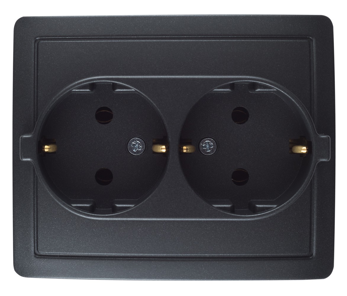 Розетки и выключатели Simon 15 Графит Розетка двойная Simon 15 Графит с заземлением 2х2Р+Е без шторок, винт.зажим, 1590456-038