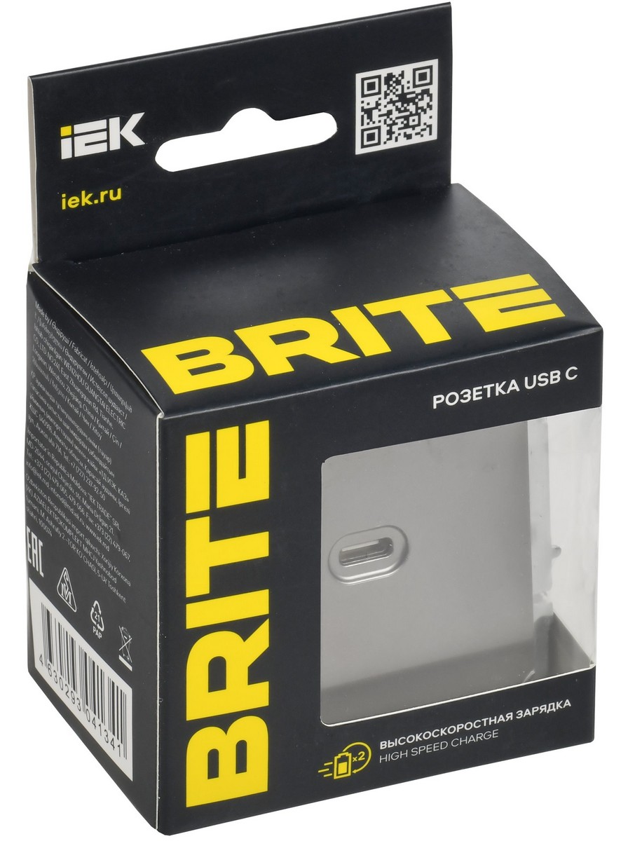 IEK Brite Сталь Розетка USB IEK BRITE C 65Вт высокоскор. зар. РЮ12-1-БрС сталь