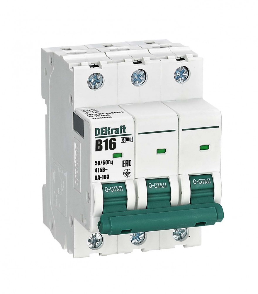 3 полюсные (трехполюсные) Автоматический выключатель DEKraft 3Р 16А B ВА-103 6кА 12241DEK